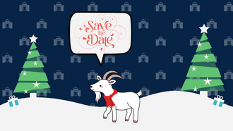 Goat in a red scarf with talk bubble that says Save the Date 